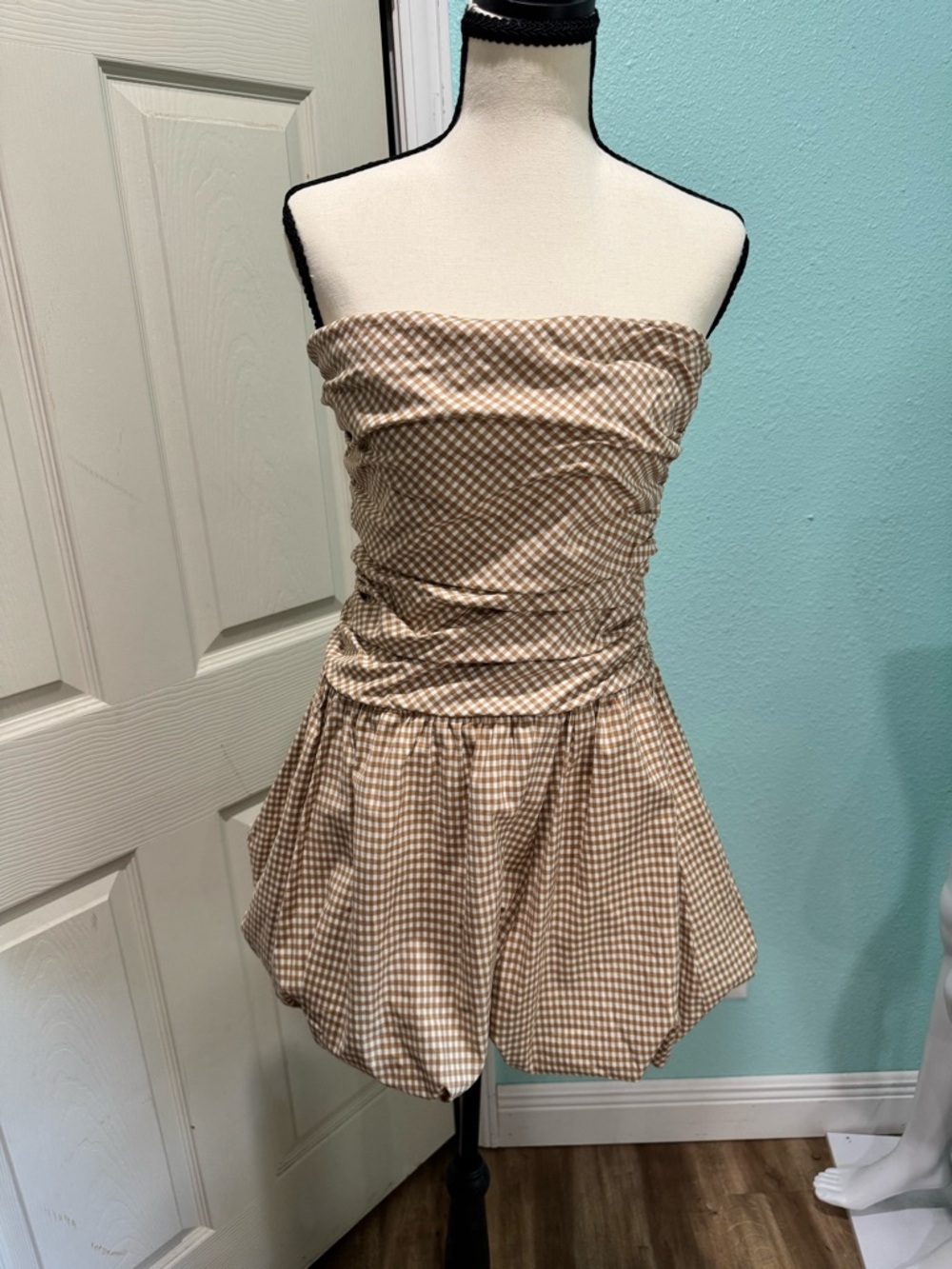 Reformation Strapless Gingham Mini Dress in Beige